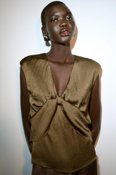 Zara KNOTTED SATIN EFFECT TOP - Khaki