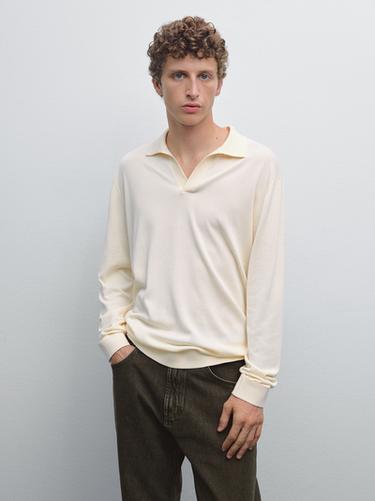Zara V-neck knit polo sweater - Ecru