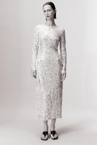 SEQUINNED MIDI DRESS - Pearl grey by Zara
