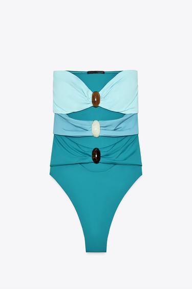 BANDEAU CUT-OUT STONE SWIMSUIT - Turquoise by Zara - Image 6