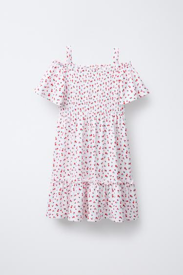 Zara TEXTURED FLORAL DRESS - Ecru / Red