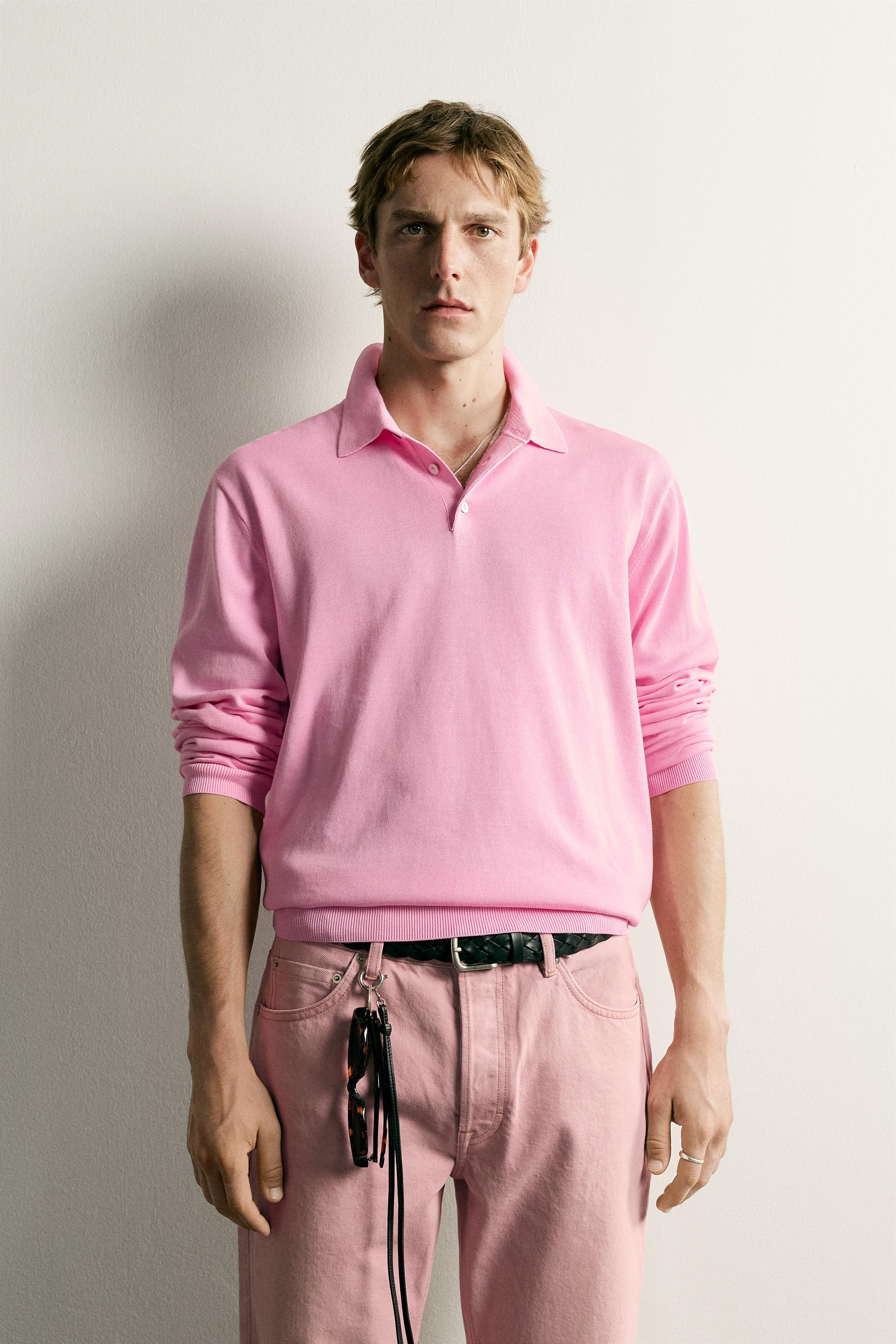 RELAXED FIT KNIT POLO SHIRT — Pink marl