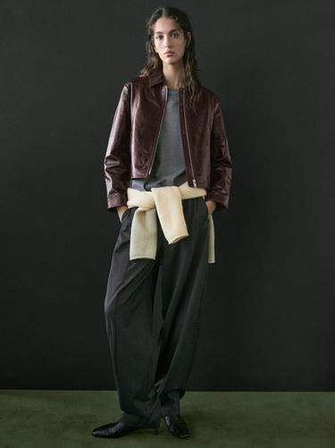 Zara Nappa leather jacket with contrast suede collar - Burgundy