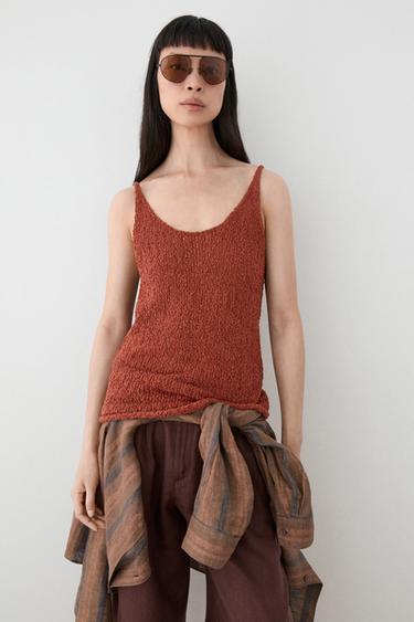 Zara Textured cotton blend strappy top - Brick