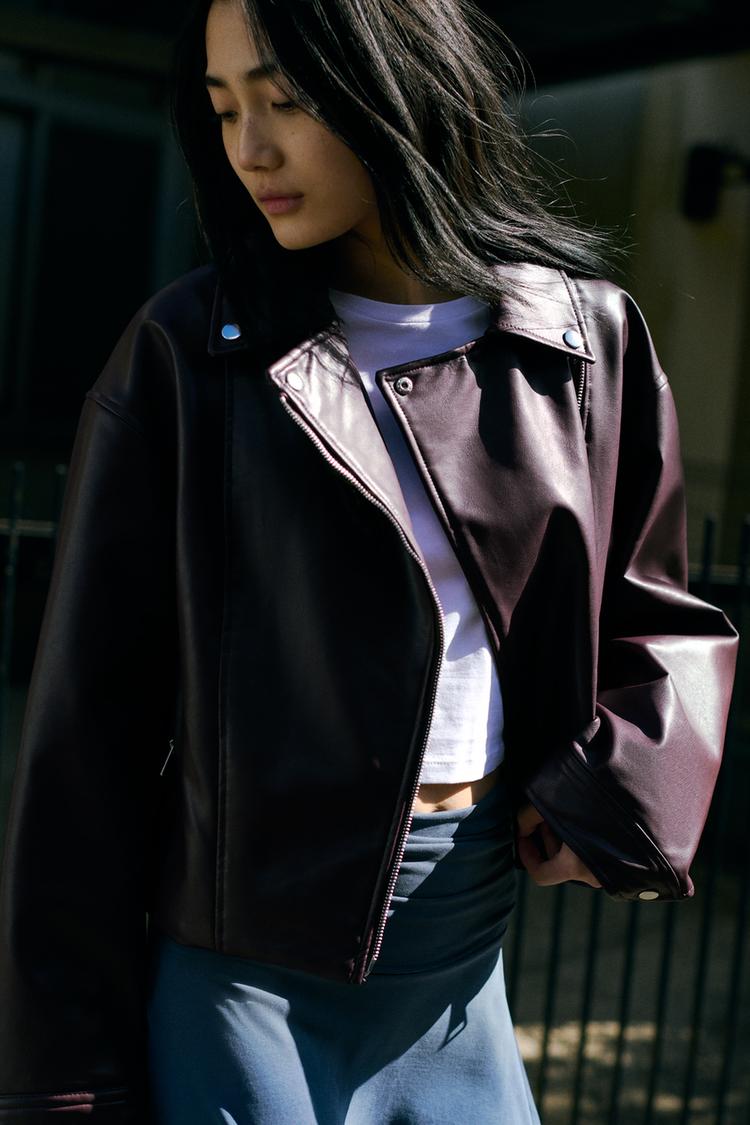 フェイクレザー クロップド ライダースジャケット - ボルドー | ZARA 