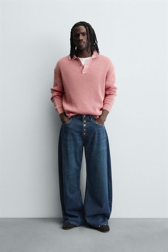 WASHED WAFFLE TEXTURE KNIT POLO SHIRT