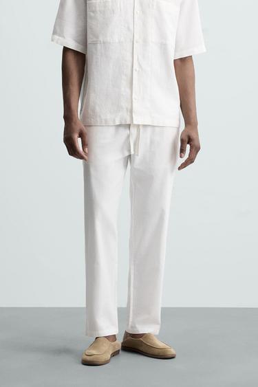 CALÇA RELAXED FIT DE ALGODÃO-LINHO - Branco-marfim da Zara