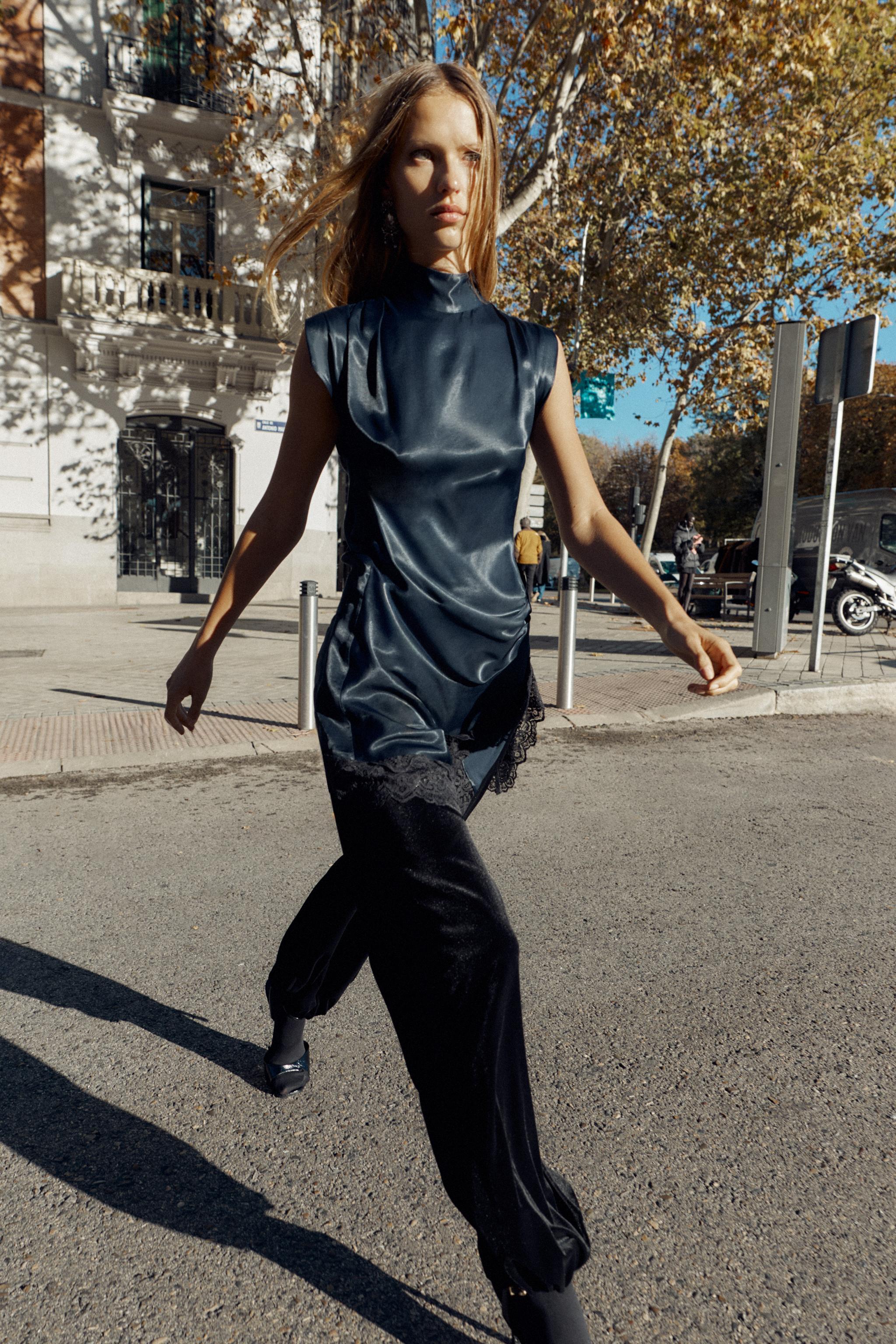 レースコンビ サテンミニワンピース - ネイビーブルー | ZARA Japan / 日本