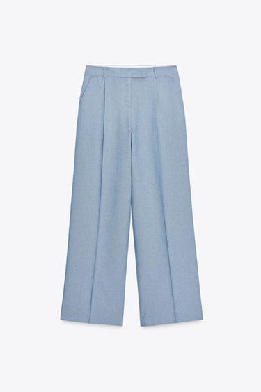Zara PLEATED STRAIGHT LEG PANTS - Blue