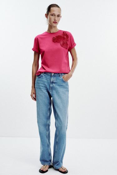 Zara FLORAL VOLUME T-SHIRT - Fuchsia - Image 0