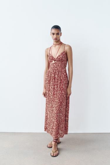 ROBE MI-LONGUE IMPRIMÉE AJOURÉE - Écru / Grenat de Zara - Image 0