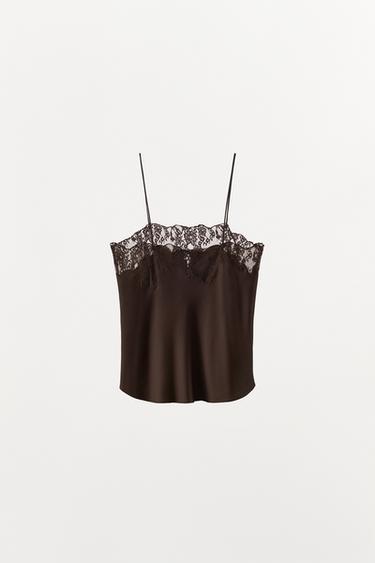TOP SATINÉ DENTELLE - Marron de Zara - Image 1