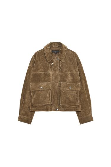 Zara 100% LEATHER BOMBER JACKET - Khaki