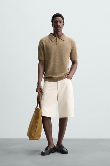 CROCHET KNIT POLO SHIRT - camel by Zara - Image 0