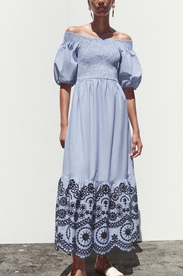 ROBE MIDI RAYURES BRODÉE - Bleu / Indigo de Zara - Image 1