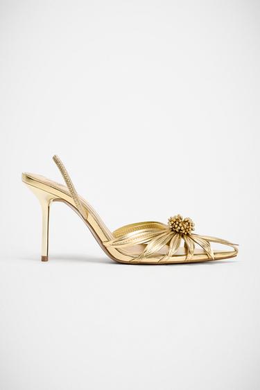 LAMINATED HIGH-HEEL SANDALS WITH FLOWER DETAIL - Gold by Zara
