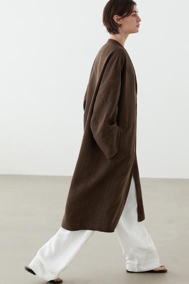 Zara 100% linen double-breasted coat with no collar - Brown