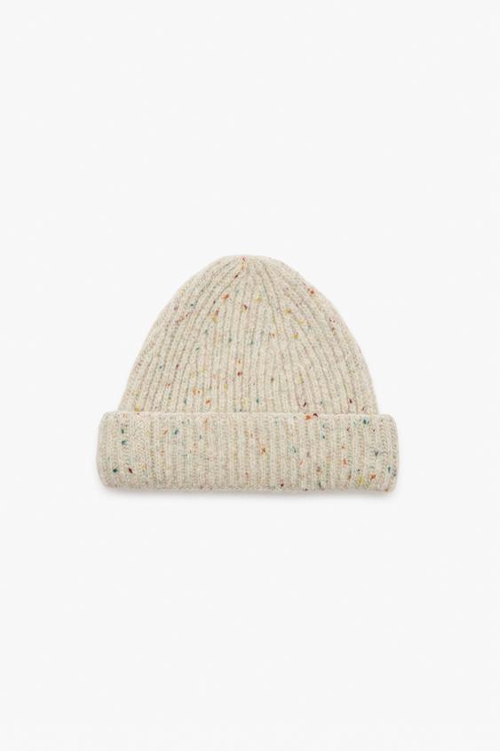 Zara 100% Wool Ribbed Beanie Botonato - Ecru - Image 0