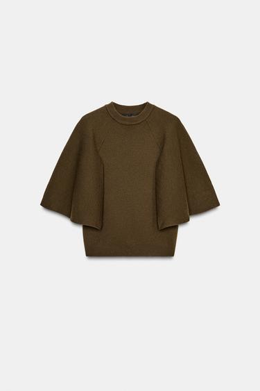 Zara CAPE SLEEVE KNIT SWEATER - dark khaki