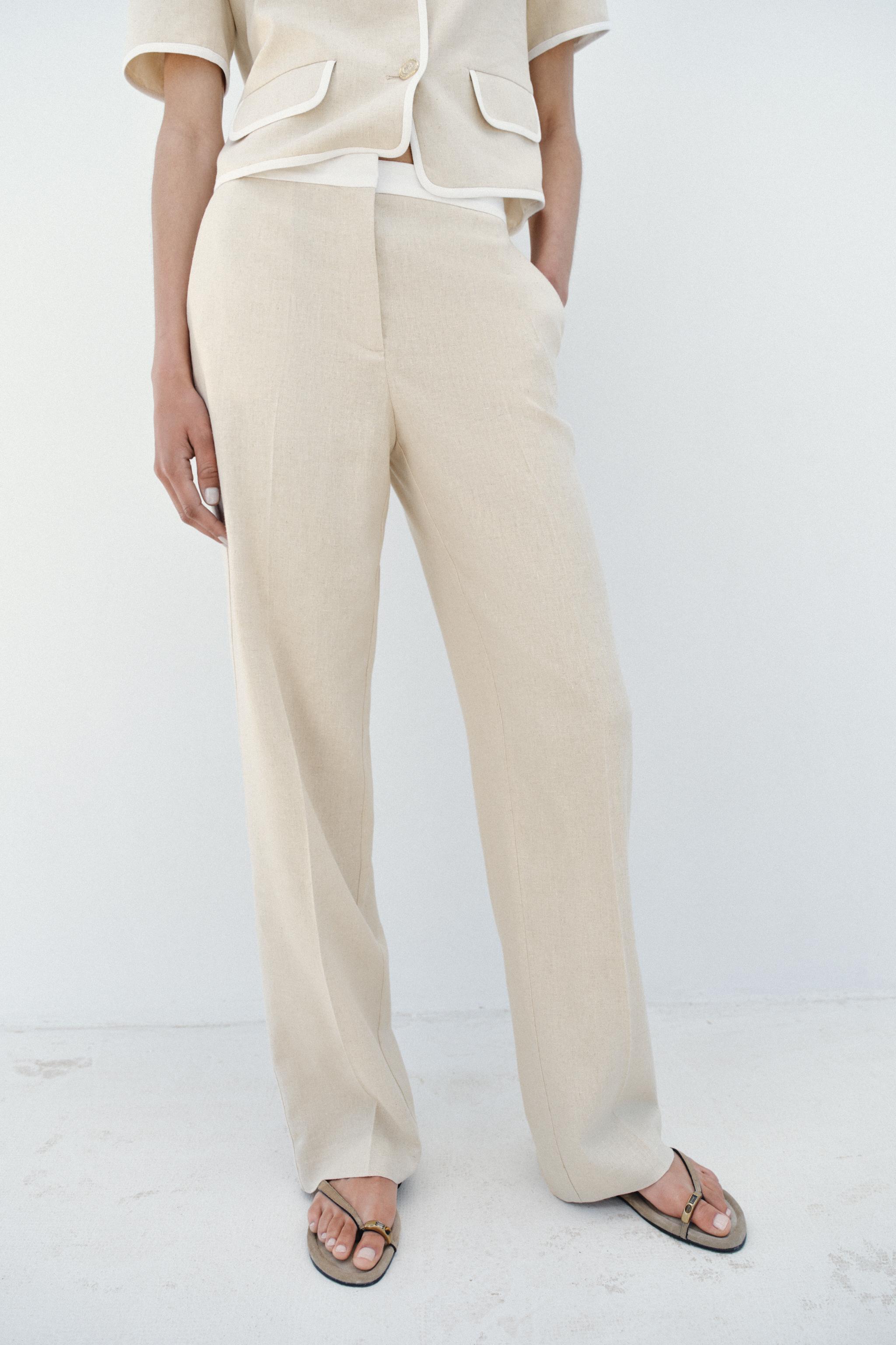 STRAIGHT LEG LINEN PANTS WITH CONTRAST WAIST