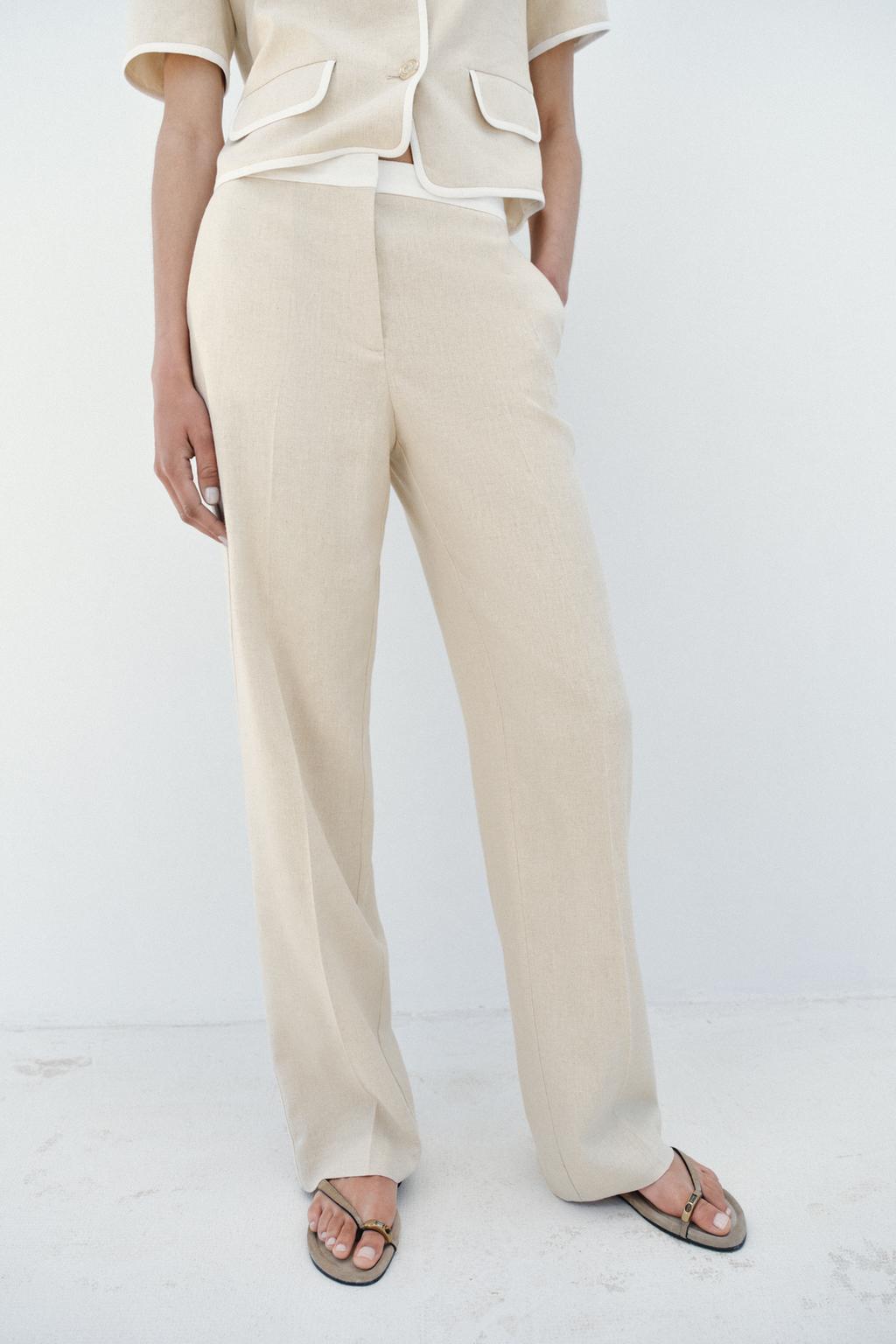 STRAIGHT LEG LINEN PANTS WITH CONTRAST WAIST - image 2