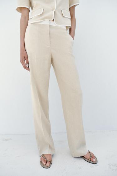 STRAIGHT-LEG LINEN BLEND TROUSERS WITH CONTRAST WAIST - Light beige by Zara