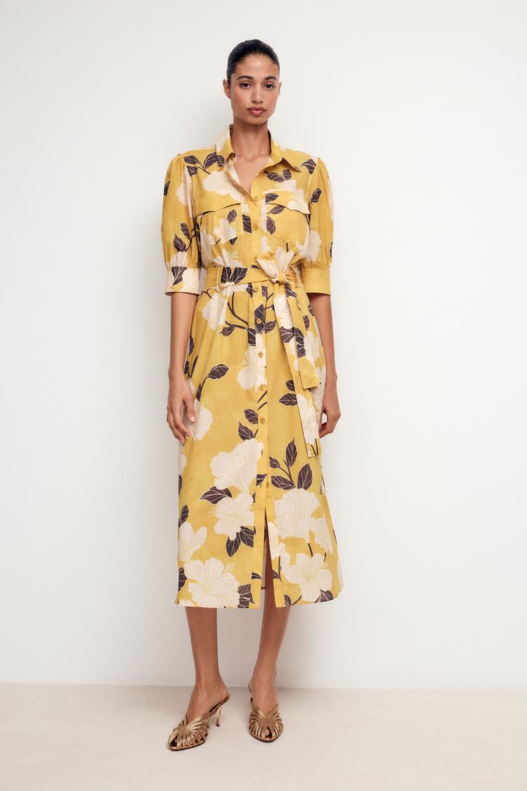 zara yellow shirt dress Zara Floral Leaf Tropical Printed Long Tunic Shirt Dress Black Mustard The Photo Fashionista