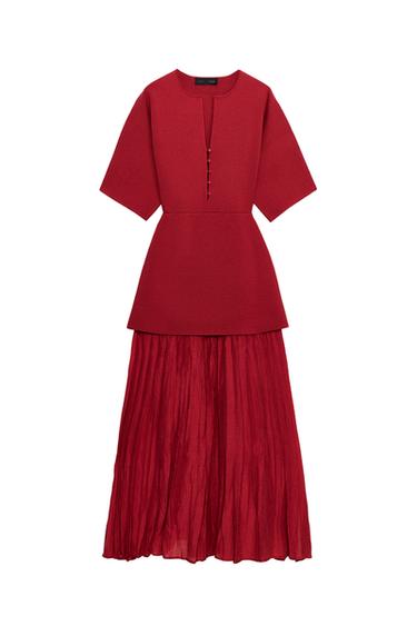 LONG KNIT DRESS WITH CONTRASTING FABRIC - Mid-red by Zara