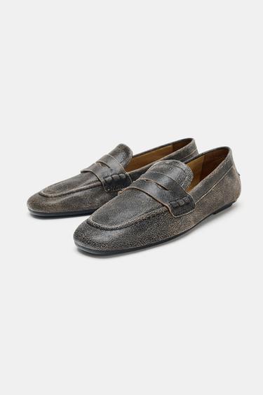 LEATHER LOAFERS WITH DISTRESSED EFFECT - Brown by Zara - Image 2