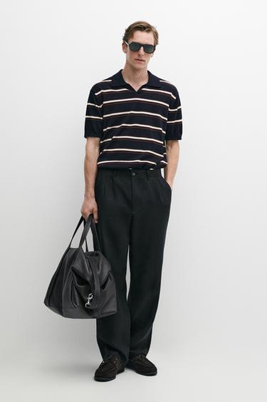 Zara Striped V-neck knit polo shirt - Navy blue - Image 0
