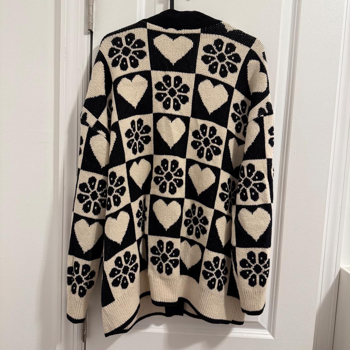 ZARA CHECKERED KNIT JACQUARD CARDIGAN HEART FLORAL PATTERN SIZE L - Image 2