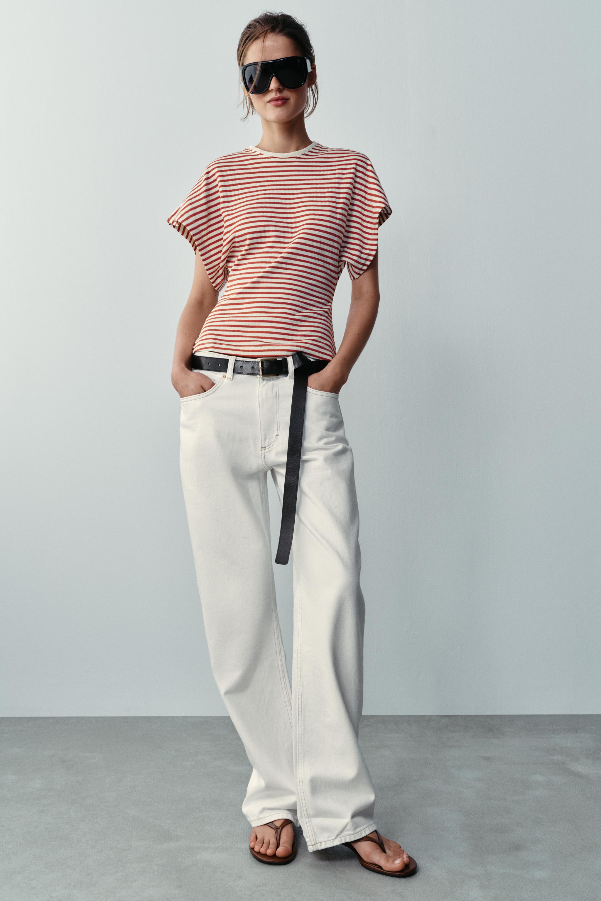 WIDE SLEEVE STRIPED T-SHIRT — Bordeaux / Ecru