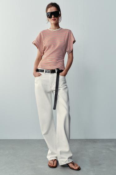 STRIPED WIDE SLEEVE T-SHIRT - bordeaux/ecru by Zara