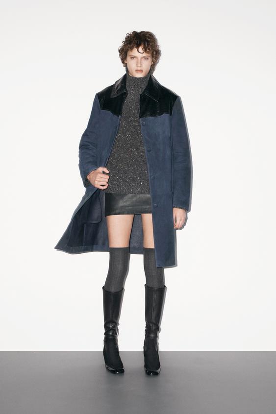 Zara ZW COLLECTION 100% LEATHER COMBINED COAT - Blue - Image 0