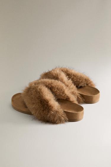 FAUX FUR THONG SANDALS - Camel Brown by Zara - Image 3