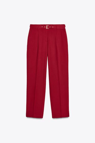 TROUSERS WITH BUCKLE BELT - Burgundy by Zara - Image 0
