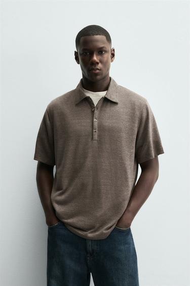 Zara HEMP VISCOSE POLO SHIRT - Brown