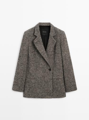 Zara Herringbone wool blend blazer with high collar - Gray