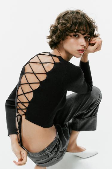 KNIT CROSSED BACK TOP — Black 1
