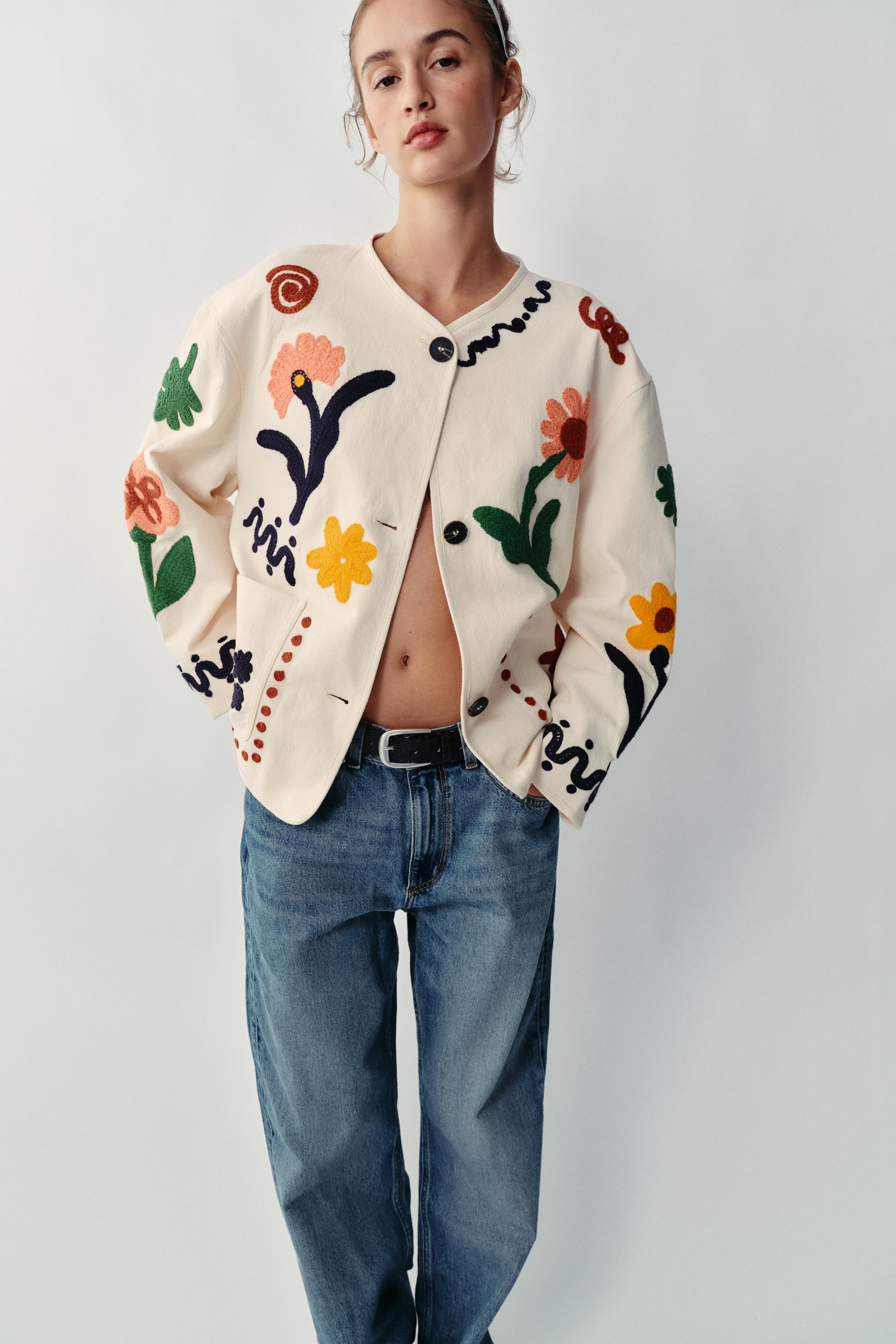 EMBROIDERED FLORAL JACKET — Ecru