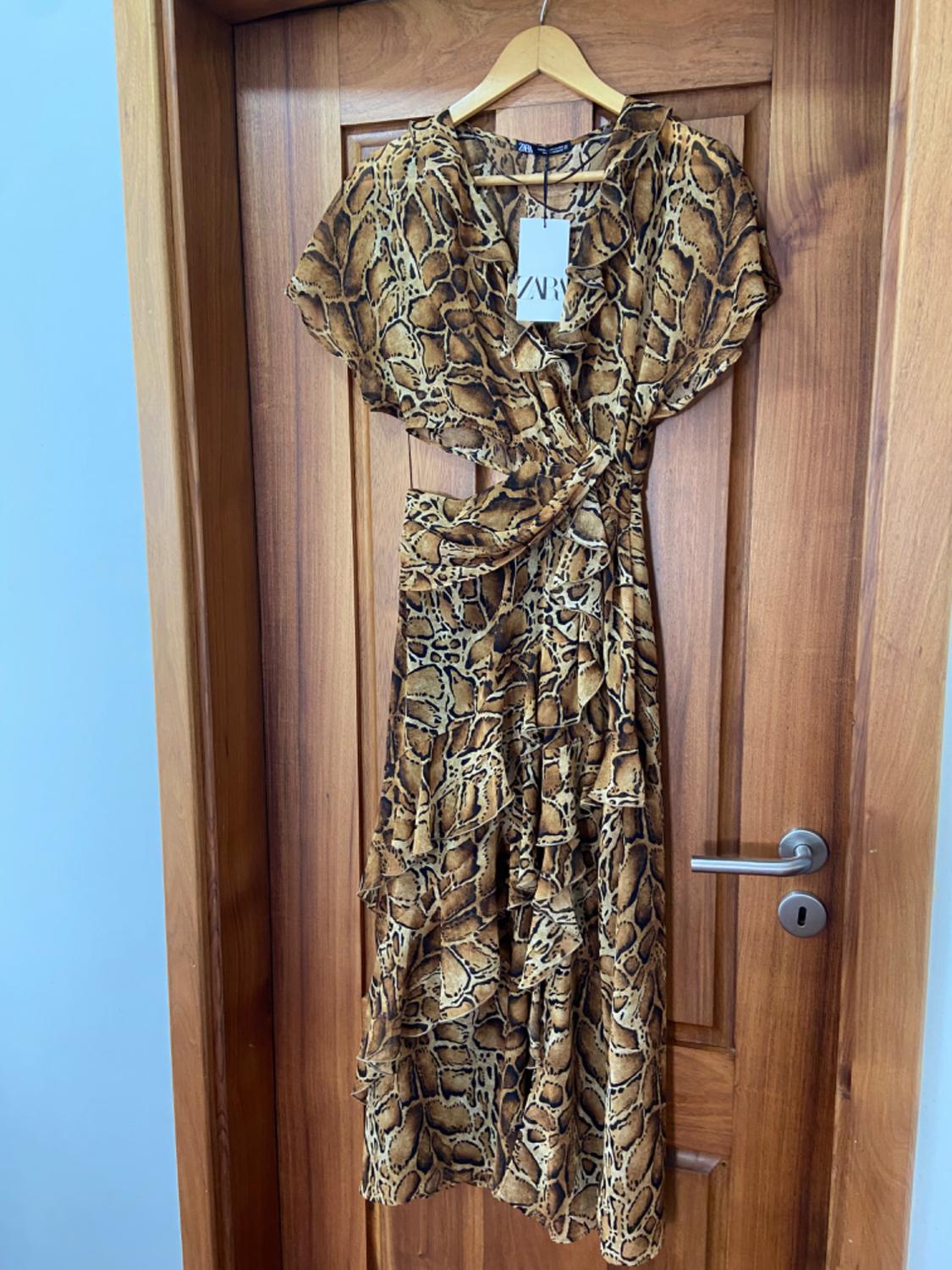 Snake-print dress hanging on a wooden door. Visible label with text "ZARA".