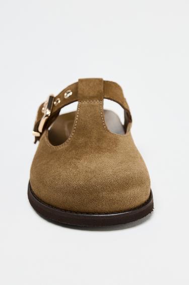 BUCKLE DETAIL SPLIT SUEDE CLOGS - Sand Brown by Zara - Image 3