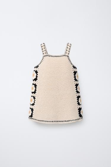 Zara CROCHET FLOWER KNIT DRESS - Ecru / Black