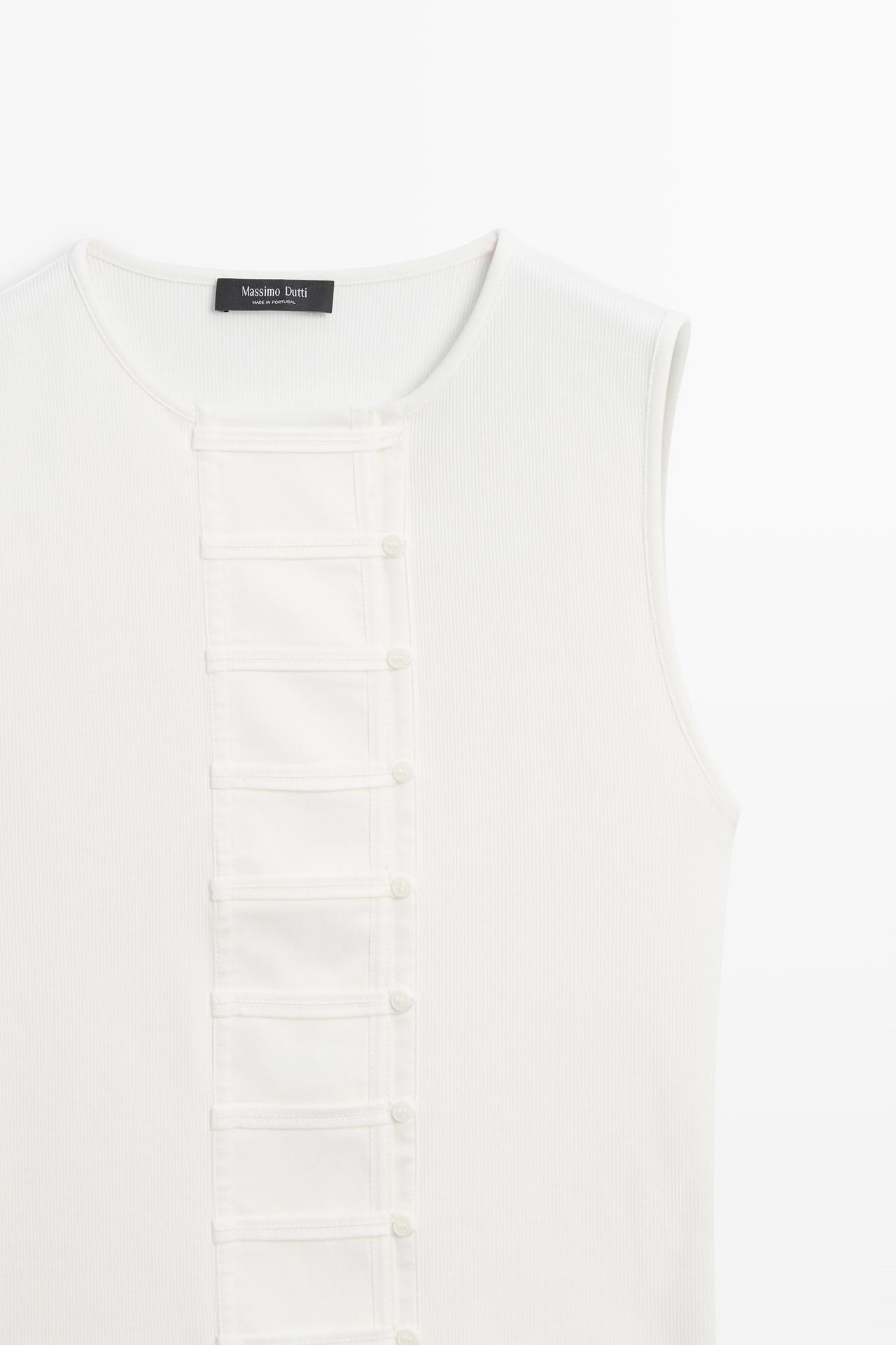 Cotton blend bib detail T-shirt — Oyster-white