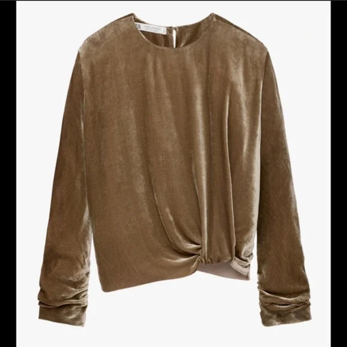Front view of a brown blouse with a front pleat and long sleeves.