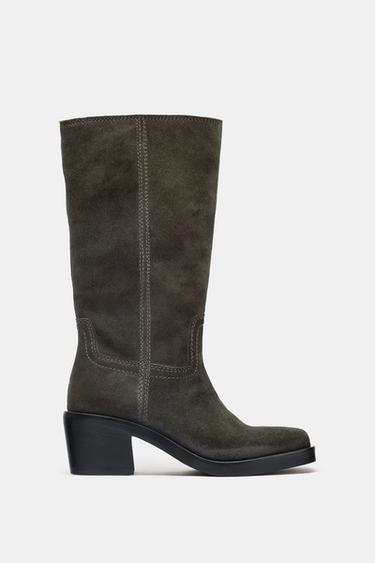 SPLIT SUEDE CONTRAST STITCH BOOTS - Khaki Green by Zara