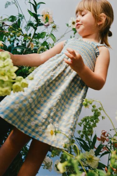 Zara GINGHAM FLORAL DRESS - Mid-blue