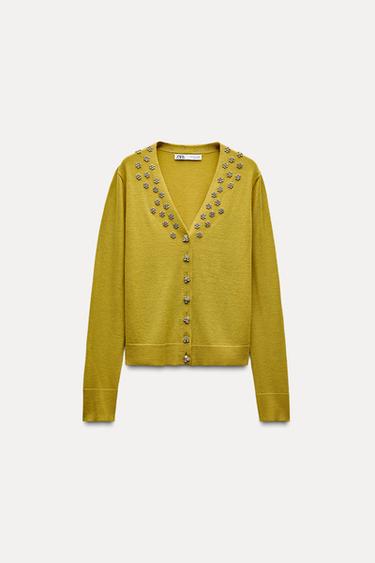 Zara JEWEL BEADED KNIT CARDIGAN - Olive green