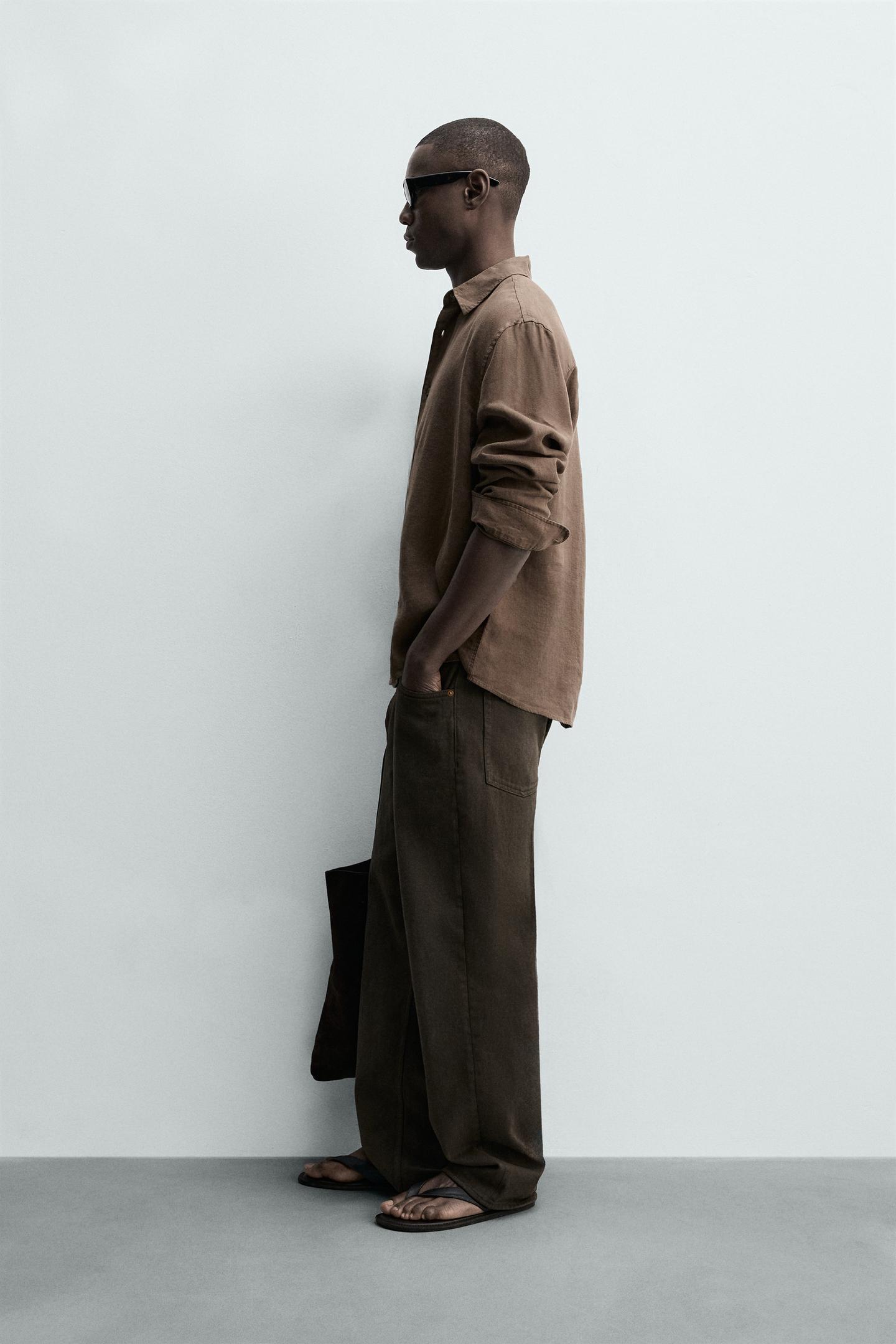Мужская рубашка Zara 100% Linen Regular Fit, цвет: Коричневый — фото 4