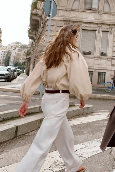 CONTRAST COLLAR POPLIN TOP - Light camel by Zara